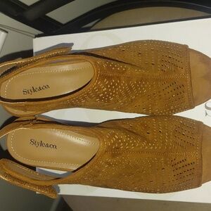 Style & Co. Tan Perforated Wedge Sandals